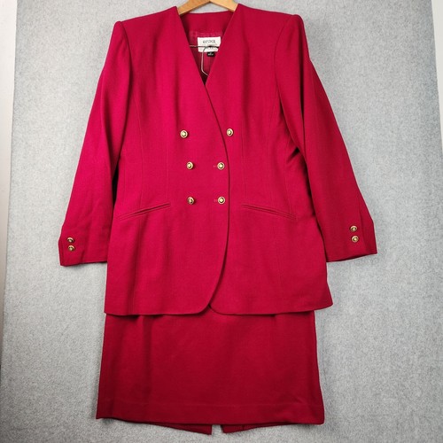 VTG Kasper ASL 2PC Womens Sz 12 Burgundy Double Breasted Skirt Suit Gold Buttons - Picture 1 of 16