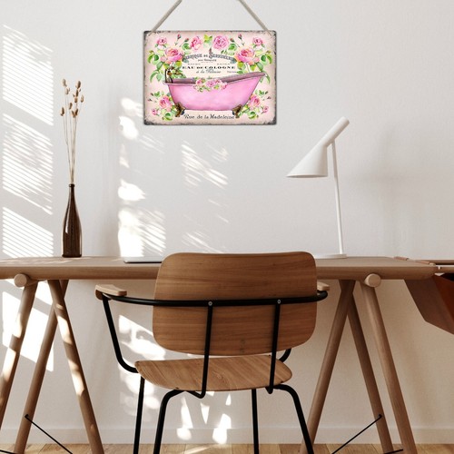 French Vintage Shabby Chic Bathtub Metal Sign Retro Style Bathroom Wall Plaque - Picture 13 of 17