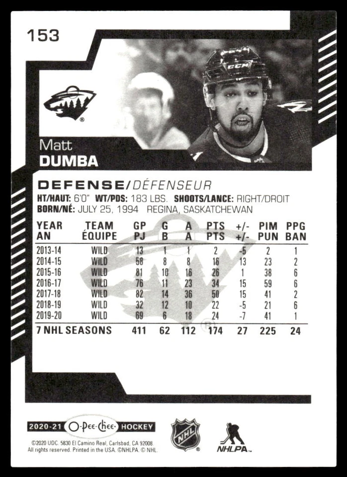 2020-21 O-Pee-Chee #153 Matt Dumba Minnesota Wild Hockey Card - Image 2 of 2