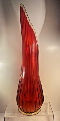 VINTAGE LE SMITH ? AMBERINA GESCHWUNGENE GLASVASE 23" rot orange gerippt - Bild 7 von 11