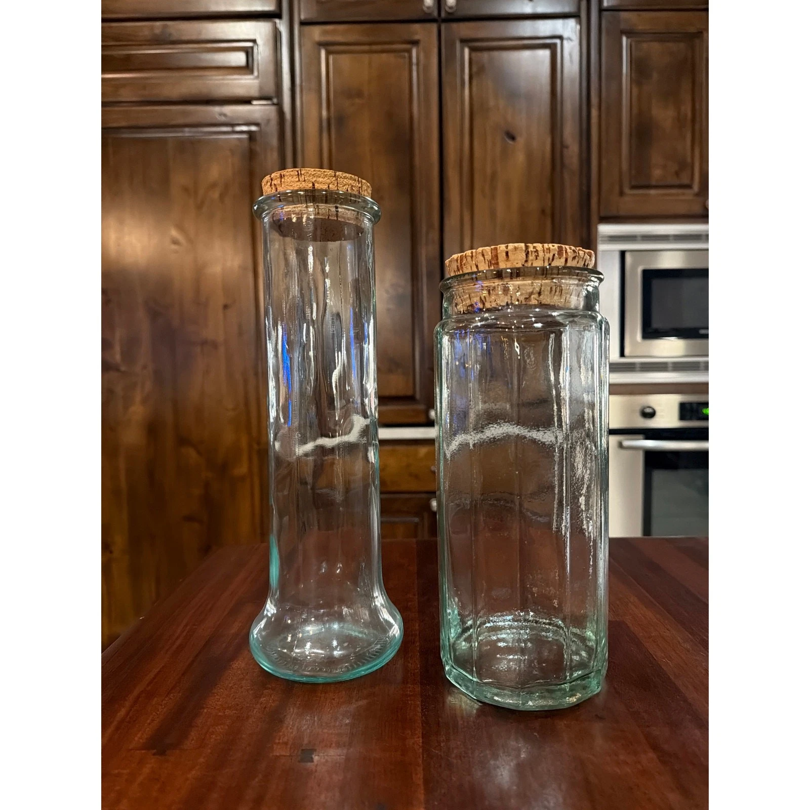 Glass Cannister Set (2) Green 10” &12” with Cork Lids Pasta Food Storage VTG