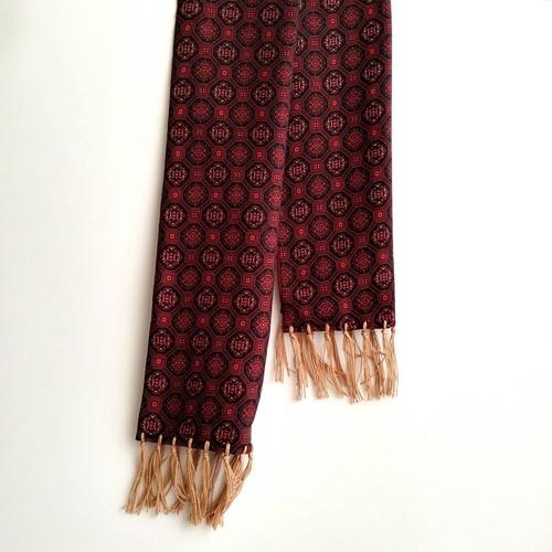 Vintage Tootal Style Ornamental Scarf w Tassels Handmade Burgundy Gold 2 Sides - Picture 7 of 7