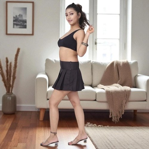 Minifalda plisada negra para mujer con cintura elástica y bolsillos laterales - mezcla de algodón - Imagen 3 de 8