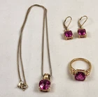 VTG Gold Vermeil Over 925 Sterling Silver Earrings Pendant Chain & Ring Size 7