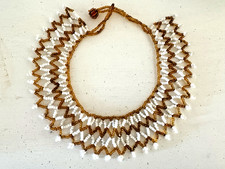 Vintage Gold And White Seed Beaded Handmade Collar Necklace