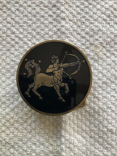 Vintage Solid Brass  Belt Buckle Black Enamel Sagittarius
