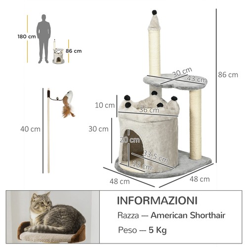PawHut Albero Tiragraffi per Gatti con Casetta e Lettino in Peluche Grigio - Zdjęcie 4 z 10