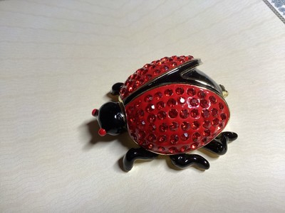 Lady Bug Trinket Pill Box Gold Tone Red Rhinestone Wings Enamel Vtg.Free Ship