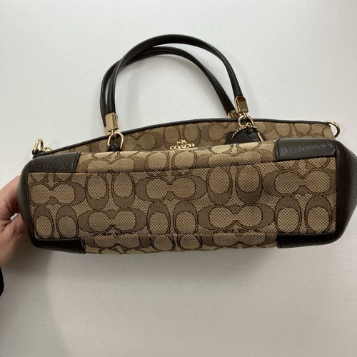 COACH Kelsey Satchel in Signature Jacquard Leather Trim Khaki Brown Tote - Picture 4 of 7