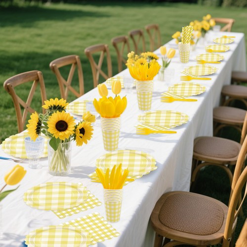 400PCS Yellow Gingham Party Supplies, Scalloped Disposable Tableware Set Incl... - Picture 5 of 7