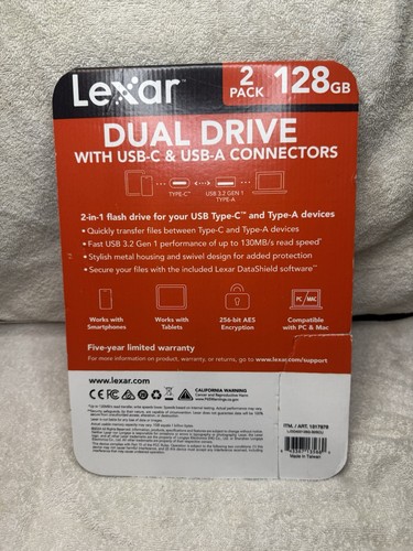 Lexar 128GB 2-in-1 Dual Flash Drive USB-C and USB-A,  Mac-Android- PC– 2 PACK - Picture 2 of 2
