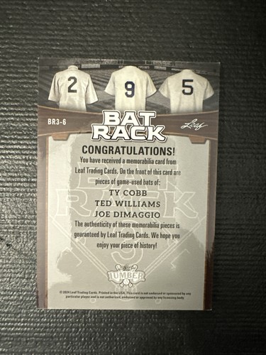 2024 Leaf Lumber Bat Rack3 Ty Cobb Ted Williams and Joe DiMaggio 2/2 Bat Relic - Imagen 4 de 6
