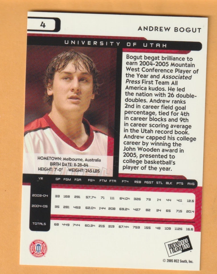 Andrew Bogut Utah Utes 2005 Press Pass #4 RC - Image 2 of 2