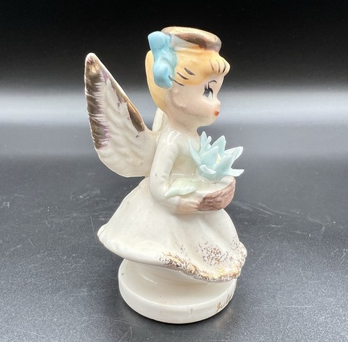 Napco Porzellan Juli Geburtstag Engel Figur 3" blaue Schleife & Blume Vintage Japan - Bild 4 von 12