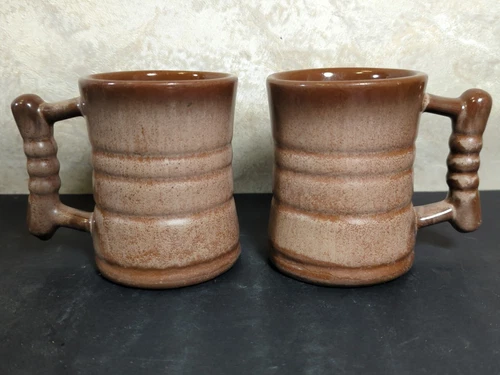 Vtg Frankoma Pottery Coffee Mug Set 2 Brown Drip Glaze Retro Large Handle C 3 