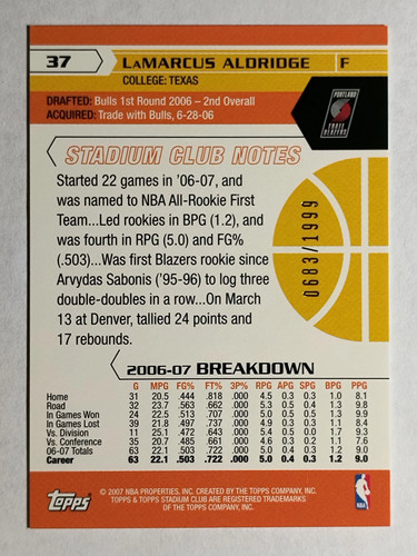 Stadium Club 2007-08 primer día edición #37 LaMarcus Aldridge - Imagen 2 de 2