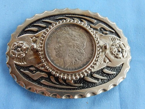 Morgan Silver Dollar 1889 P In Silver & Black Metal Oval Belt Buckle