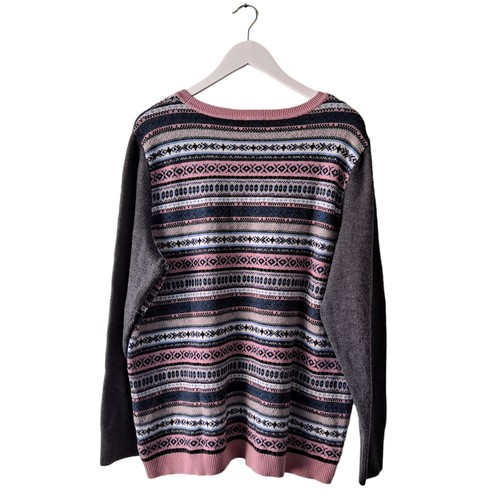 Talbots Women Pink Gray Green Beige & Black Fair Isle Crewneck Sweater - Size 2X - Picture 2 of 10
