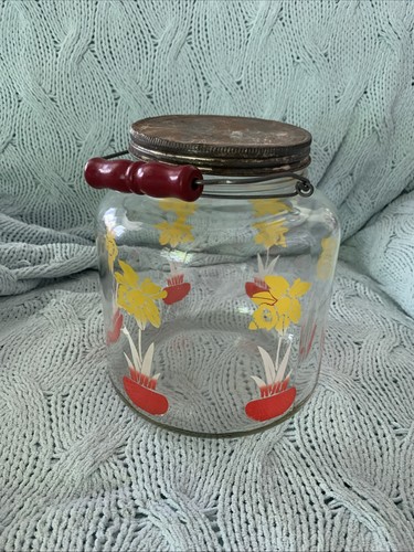 Antique Hoosier Style Glass Jar Wood Handle Metal Lid One Gal Flower Daffodil - Picture 2 of 8
