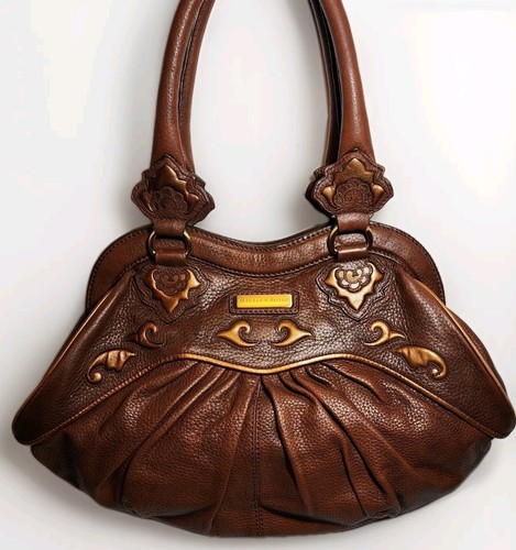 LIMITED ED. ISABELLA FIORE EMBOSSED STAINED SERENA CARMEL & COPPER HANDBAG $625 - Picture 11 of 17