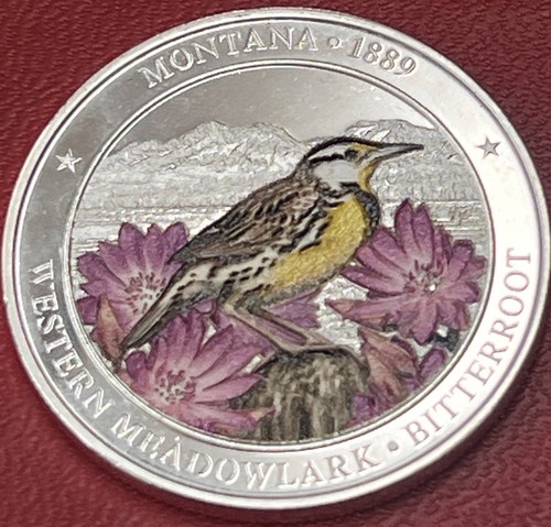 1 OZ SILVER MONTANA 1889 COLORIZED STATE BIRD WESTERN MEADOWLARK