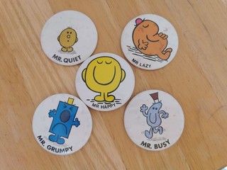 Vintage Mr Men Badges Imperfect Mr Grumpy Mr Happy Mr Busy Mr Quiet Mr Lazy