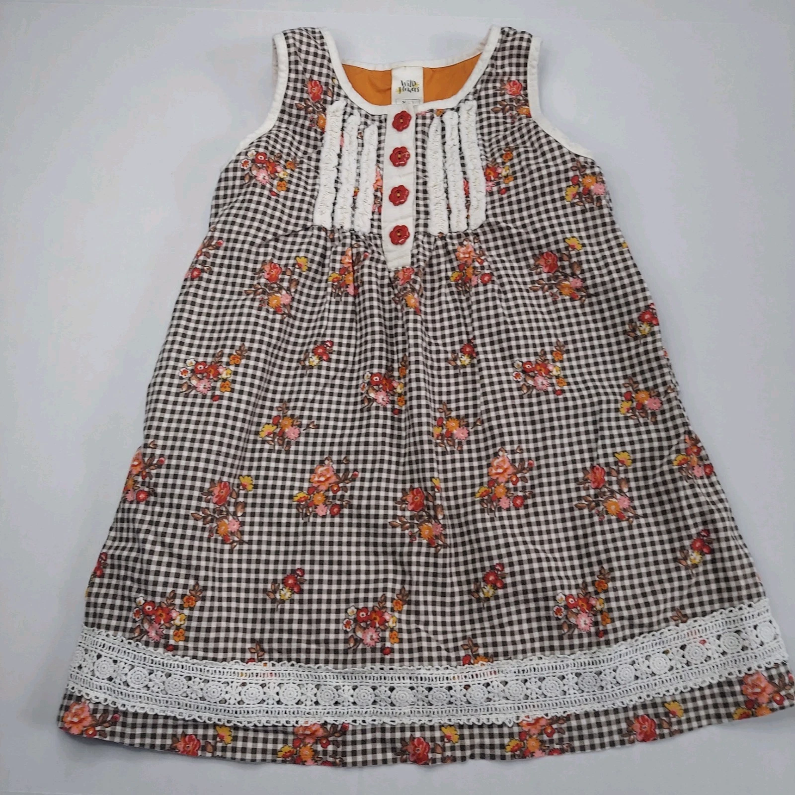 Wildflowers Clothing Mayberry Laverne Dress Girls 6 Flowers Lace Brown Gingham