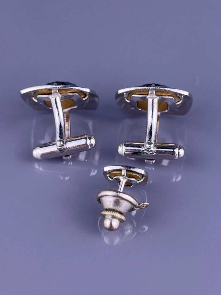 Pin de corbata gemelos de diamantes de imitación Rivoli rosa a azul tono plateado anson abierto vintage Foto 3 de 4