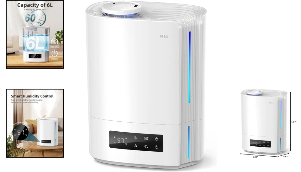 Humidificador ultrasónico 6L para habitaciones grandes - Humidistato inteligente y diseño de relleno superior Foto 2 de 4