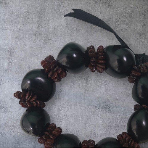 Hawaiian Bracelet Black Kukui Nut Lei with Brown Seed Beads and Black Ribbon 3" - Picture 2 of 5