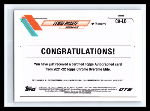 💥 Lewis Duarte 2021-22 Topps Chrome Overtime Elite Refractor Auto RC # CA-LD - Picture 2 of 2