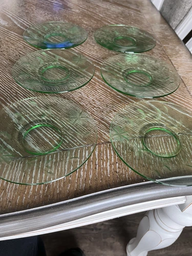 (6) Green Depression Glass 6” Plates Antique