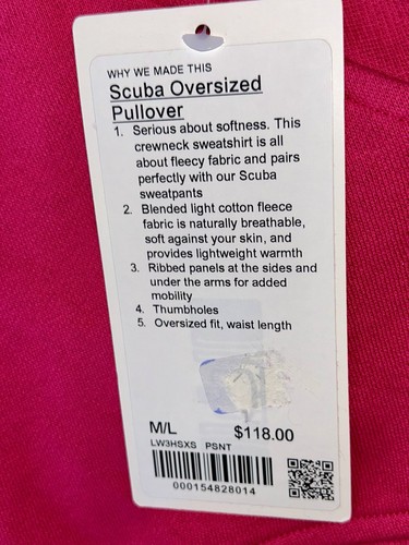 NWT🩷LULULEMON🩷M/L FITS LIKE LARGE🩷SCUBA OVERSIZE PULLOVER🩷PASSIONATE PINK - Foto 4 di 9