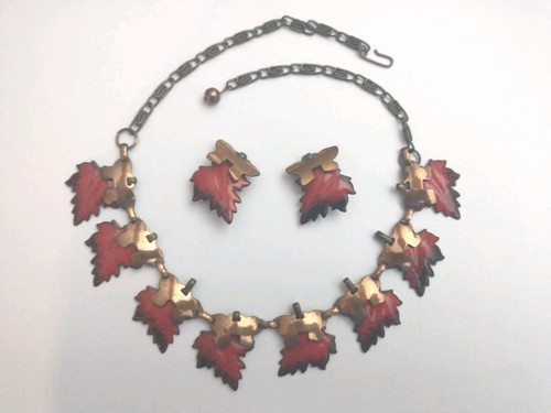 Vintage emailliertes Kupfer Blatt Halskette & Ohrring Set Renoir/Matisse Stil - Bild 1 von 5