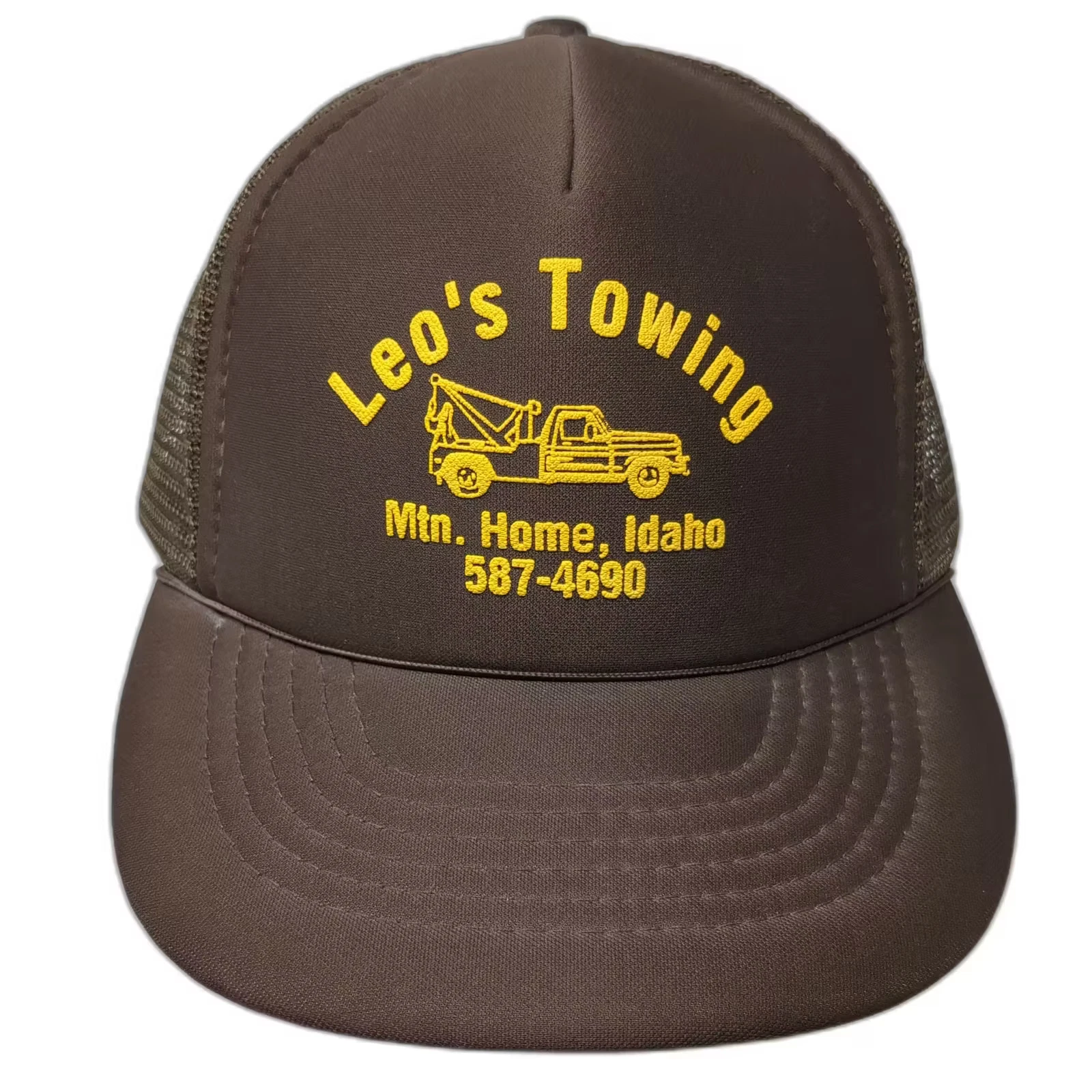 Leo's Towing Mountain Home Idaho 5 Panel Brown Snapback Hat Mesh Back OSFM