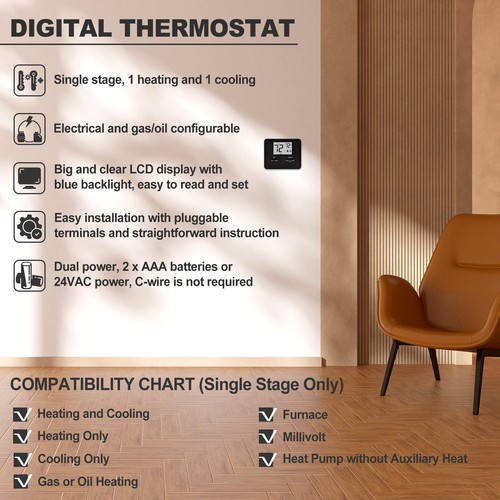 Non-Programmable Digital Thermostat for Home, up to 1 Heat/1 Cool with Large ... - Picture 2 of 6