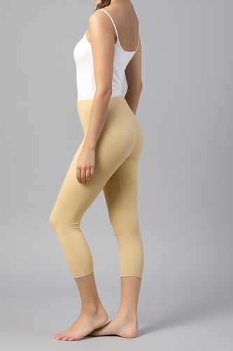 Damen 3/4 Capri Länge Nude Cropped Legging Dreiviertel Baumwolle Hose Leggy - Bild 4 von 5