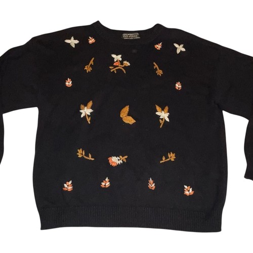 Vintage Maurada Damen schwarz bestickt Herbst Blätter Thanksgiving Oma XL - Bild 3 von 9