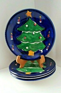 SET-OF-4-GIBSON-DESIGNS-FESTIVE-BLUE-CHRISTMAS-TREE-DESSERT-SALAD-PLATES-8-1-4-034