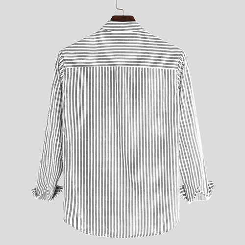 Fashion Men Long Sleeve Retro Striped Shirt Grandad Collar Casual Shirts Top Tee - Picture 8 of 15