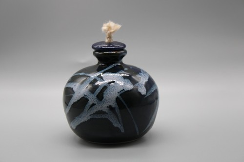 ART POTTERY CERAMIC OIL LAMP SIGNED 4" ROUND COBALT BLUE NEVER USED - Picture 2 of 6