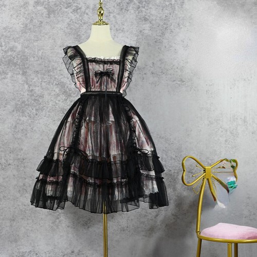 Women Girl Lolita Dress Petticoat Strappy Ruffles Lace Mesh Sarong Sheer Cute - Picture 2 of 14