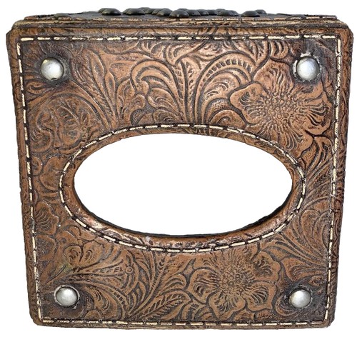 Tooled Leather Tissue Box Cover Studded Star Accent Retro Rustic Western Decor - Picture 2 of 11