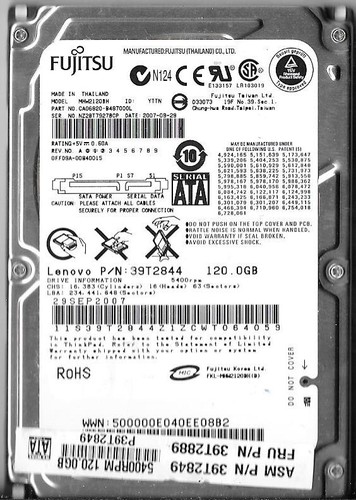 Fujitsu MHW2120BH 120GB Sata Hard Drive P/N: CA06820-B487000L F/W: 00840015 - Afbeelding 1 van 2