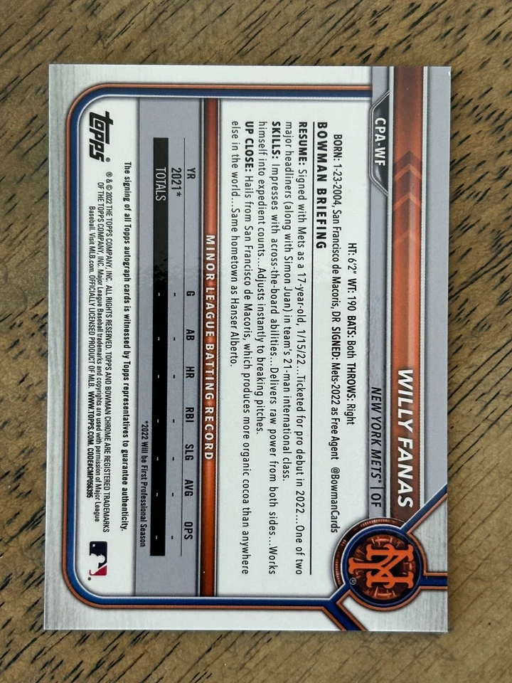 Willy Fanas 2022 Bowman Chrome Green Atomic Refractor 1st RC Auto /99 #CPA-WF - Image 2 of 2