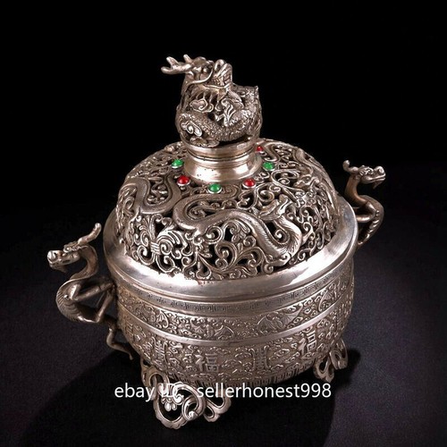 White copper Tibet-silver bat blessing Buddhism Incense Burner Censer N890 - Picture 7 of 11