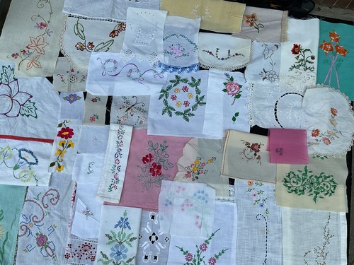Vintage Handstitched Embroidered Fabric Scraps Doily Slow Stitch Junk Journal - Picture 9 of 22