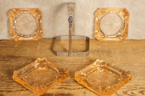 Antique Art Deco Pink Colored Floral Depression Glass Ashtray Set in Holder - Picture 5 of 8
