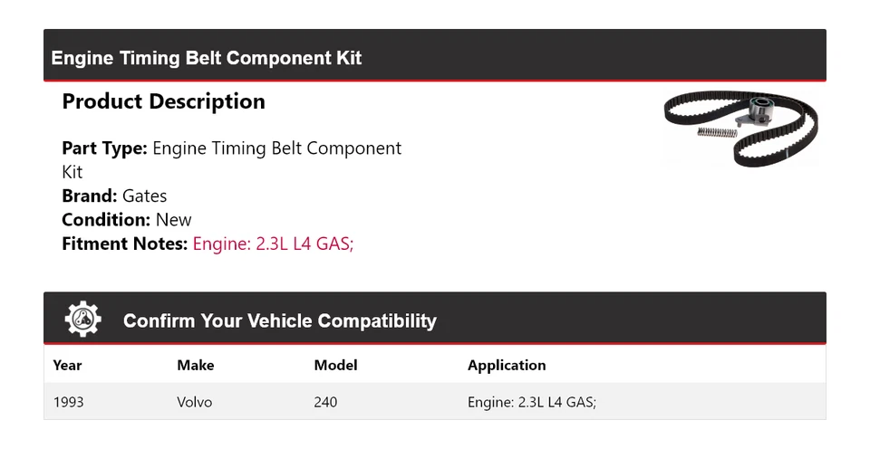 For 1993 Volvo 240 2.3L L4 GAS Engine Timing Belt Component Kit Gates - Image 2 of 4