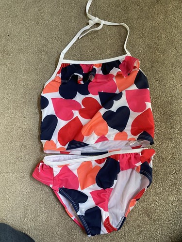 Nwt Gymboree Girls 10 Tankini 2 Piece Swimsuit Ruffle Hearts Pink Navy - Picture 2 of 4